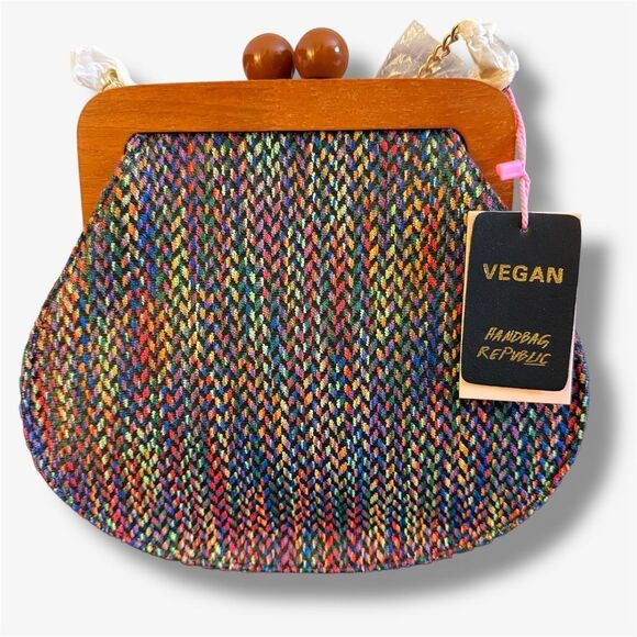 Handbag Republic Boho Chenille Crossbody Bag – Black Multi with Wooden Frame - Picture 1 of 10
